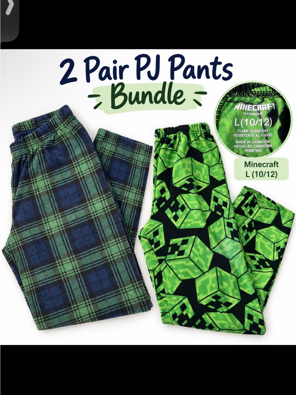 Kids Green Plaid & MineCraft Pajama Pants - 2 Pack